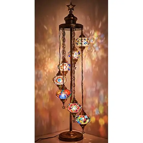 

LaModaHome - 7 Big Globes English Moroccan Mosaic Floor Lamp Light, bohemian Boho Tiffany Mosaic Floor Lamp with North American