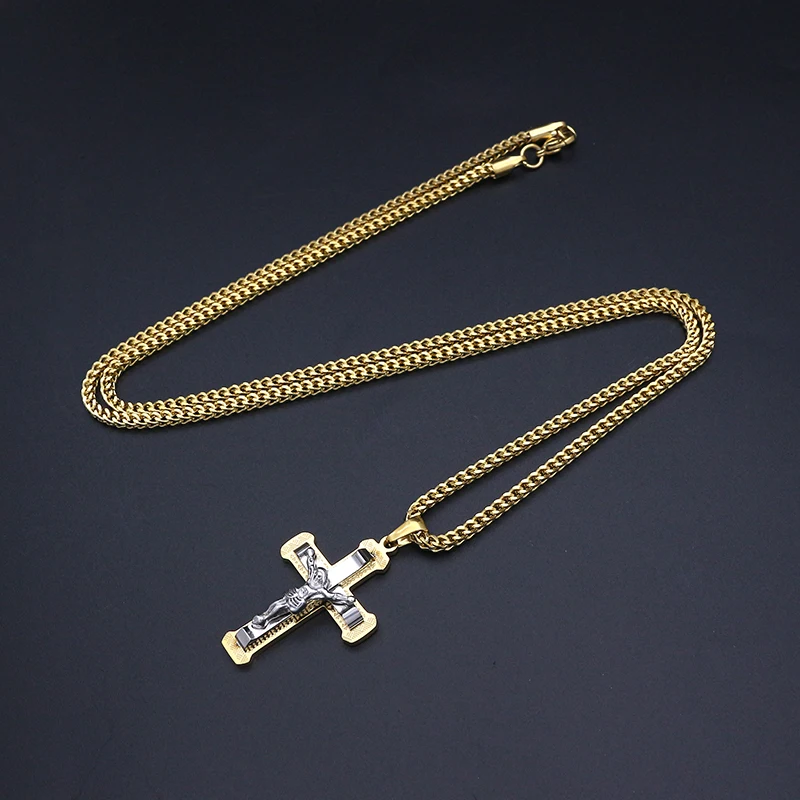 

High Quality Women Cross Necklace Gold/Silver Color Jesus Pendant Stainless Steel 60CM/70CM Chain Cross Necklace Men Jewelry