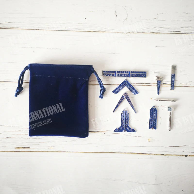 Set of 9 different Blue Masonic Working Tools Badge with velvet Bag Mason Freemason Miniature Freemason Gifts