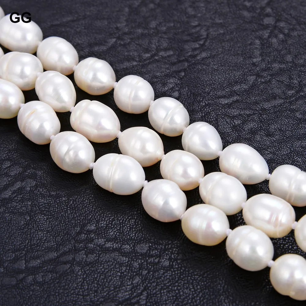 GuaiGuai Jewelry 3 Strands Natural 12MM White Rice Pearl Bracelet For Women