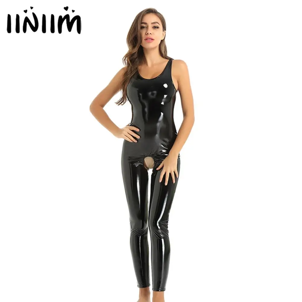 Womens Zentai Jumpsuit Sexy Porn Body Lingeries Latex Wet Look Leather Crotchless Lingerie Teddies Cosplay Clubwear Costumes