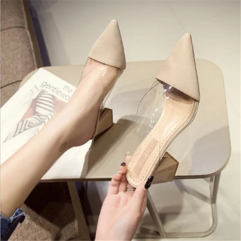 Pointed Toe Suede Square Heel High Heels Muller Slippers Women 2025 Summer Shoes Women Fashion Patchwork Shallow ladies shoes