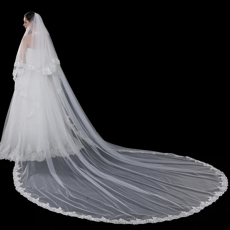 JaneVini 2019 Elegante Cattedrale Avorio Veli Da Sposa con Pettine Due Strati di Paillettes Appliques Bordo Lungo Velo Da Sposa Voile 5M mariage