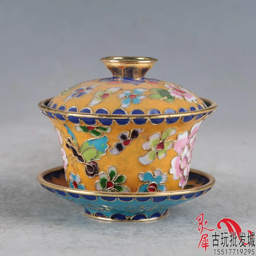 Authentic Enamel Old Beijing Cloisonne Copper Tire Thread And Antique Cover Bowl