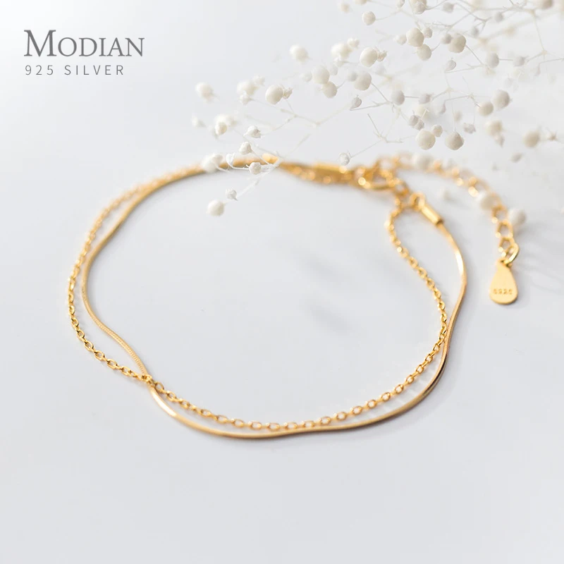 Modian New 925 Sterling Silver Gold Color Double Layer Naked Chain Bracelet for Women Fashion Link Chain Original Fine Jewelry