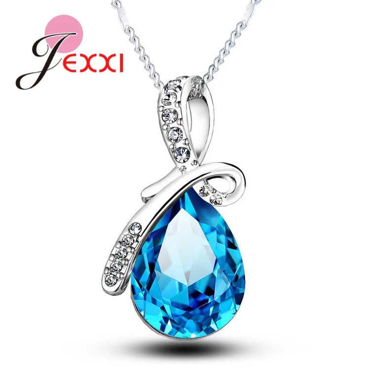 925 Sterling Silver Cubic Zirconia Waterdrop Pendant Necklaces Multiple Color Crystal Wedding Engagement Bridal Gift Jewelry