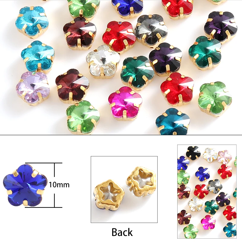 10mm Glass Rhinestones With Gold Claw Flatback Sew On Crystal Stones Flower Shape Fabric Sewing Supplies For Diy Clothes Shoes