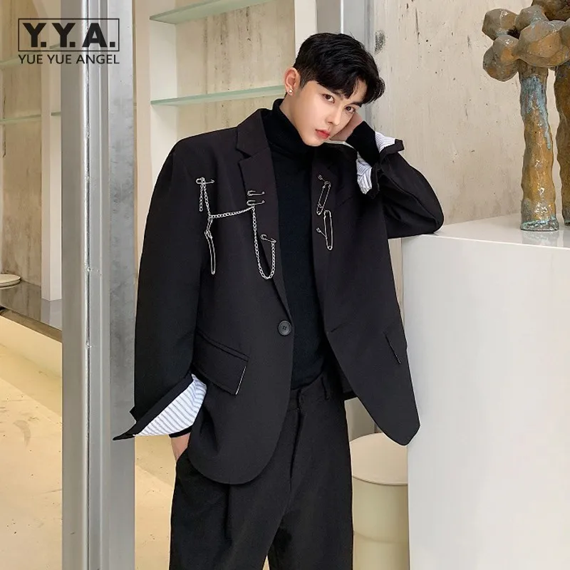 Autumn Vintage Personality Suit Coat Mens Fashion Chain Brooch Black Blazers Casual Loose Fit Male Suit Jackets Elegant Blazer