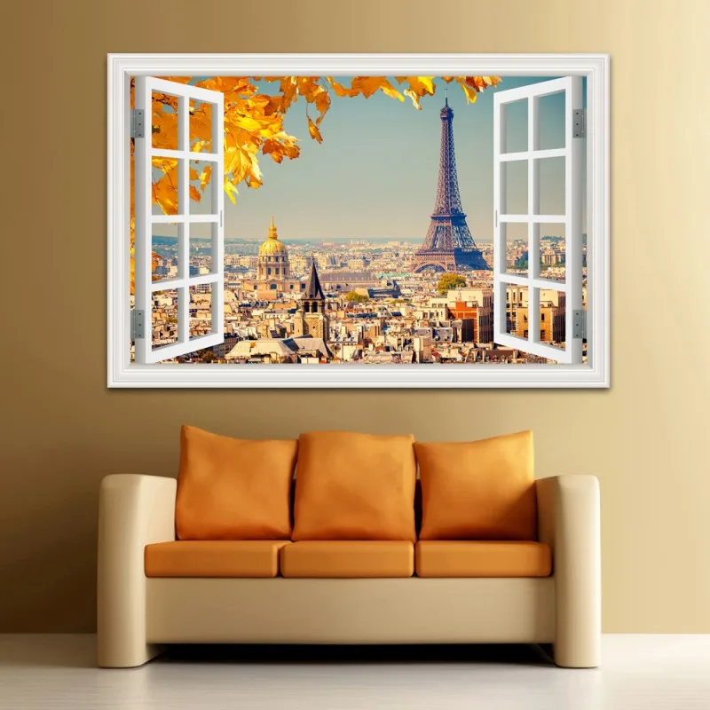 3D Window View Wall Sticker, City Landscape Vinyl Decal, Window Wallpaper Peel and Stick, Home Decor, Living Room Picture