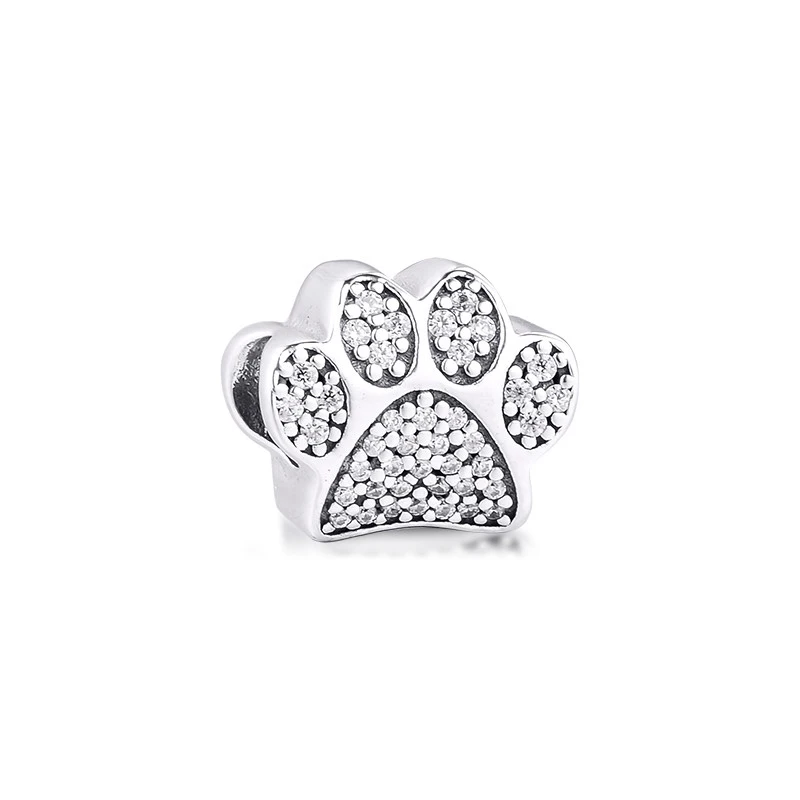 

100% 925 Sterling Silver Sparkling Paw Print Charm Fits Pandora Bracelet Clear CZ Metal Beads for Jewelry Making DIY Gift Bijoux