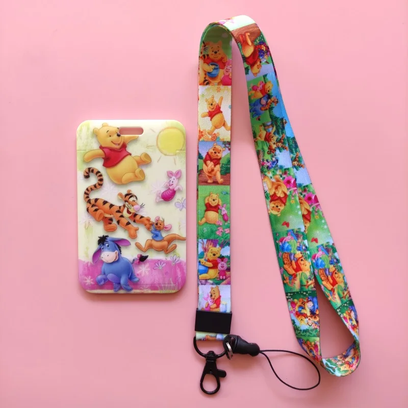 Disney Winnie Pooh Bear-funda con cordón para tarjeta de crédito, soporte para insignia de identificación para niños, funda para pase de autobús, correa para el cuello, Protector de tarjeta