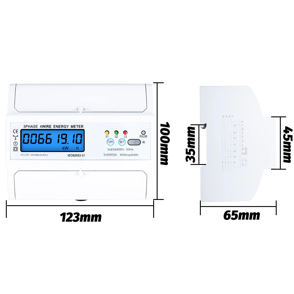 3 Phase 4 Wire RS485 Modbus 380V 80A DIN Rail Energy Meter Digital Backlight Power Factor Monitor with Voltage Current Display