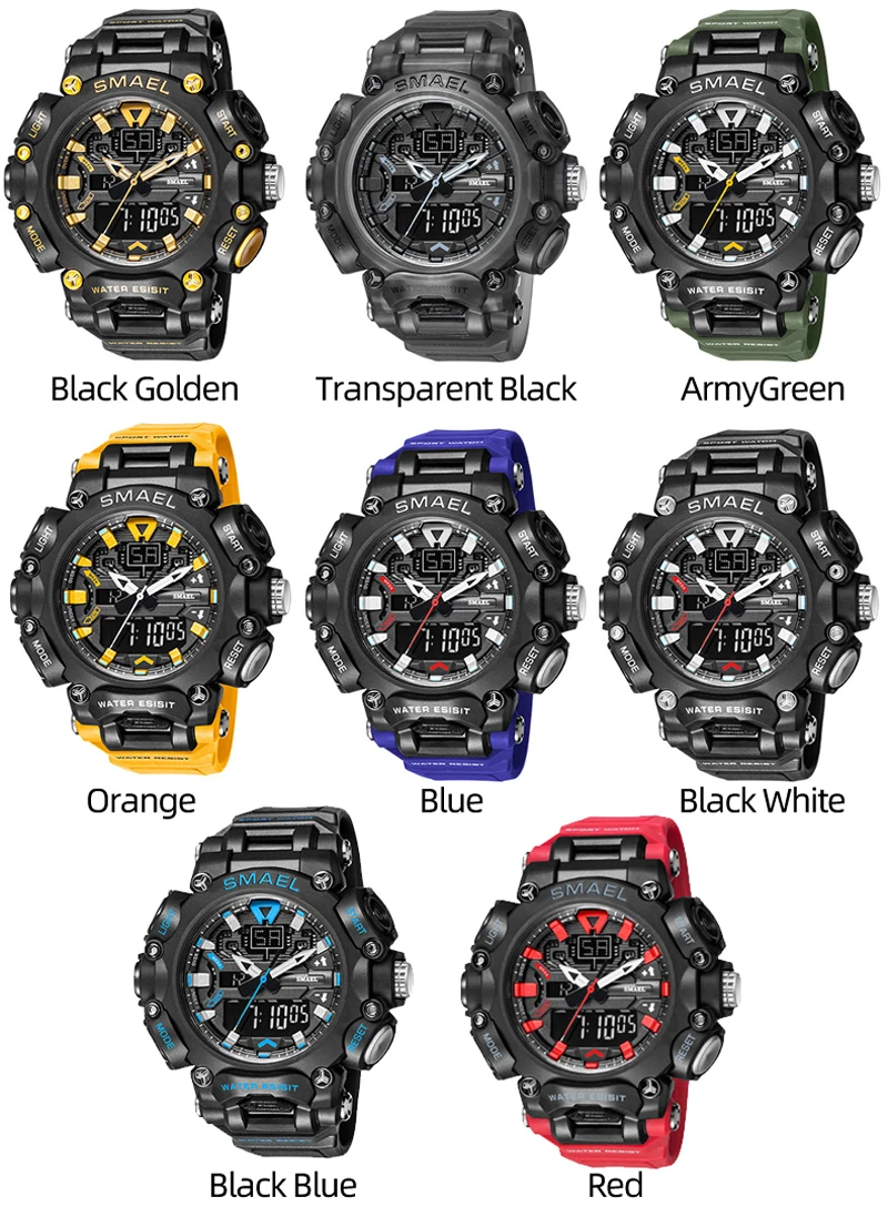 Reloj deportivo SMAEL para hombre, relojes digitales de cuarzo con doble pantalla, cronómetro militar juvenil para hombre, cronómetro resistente al