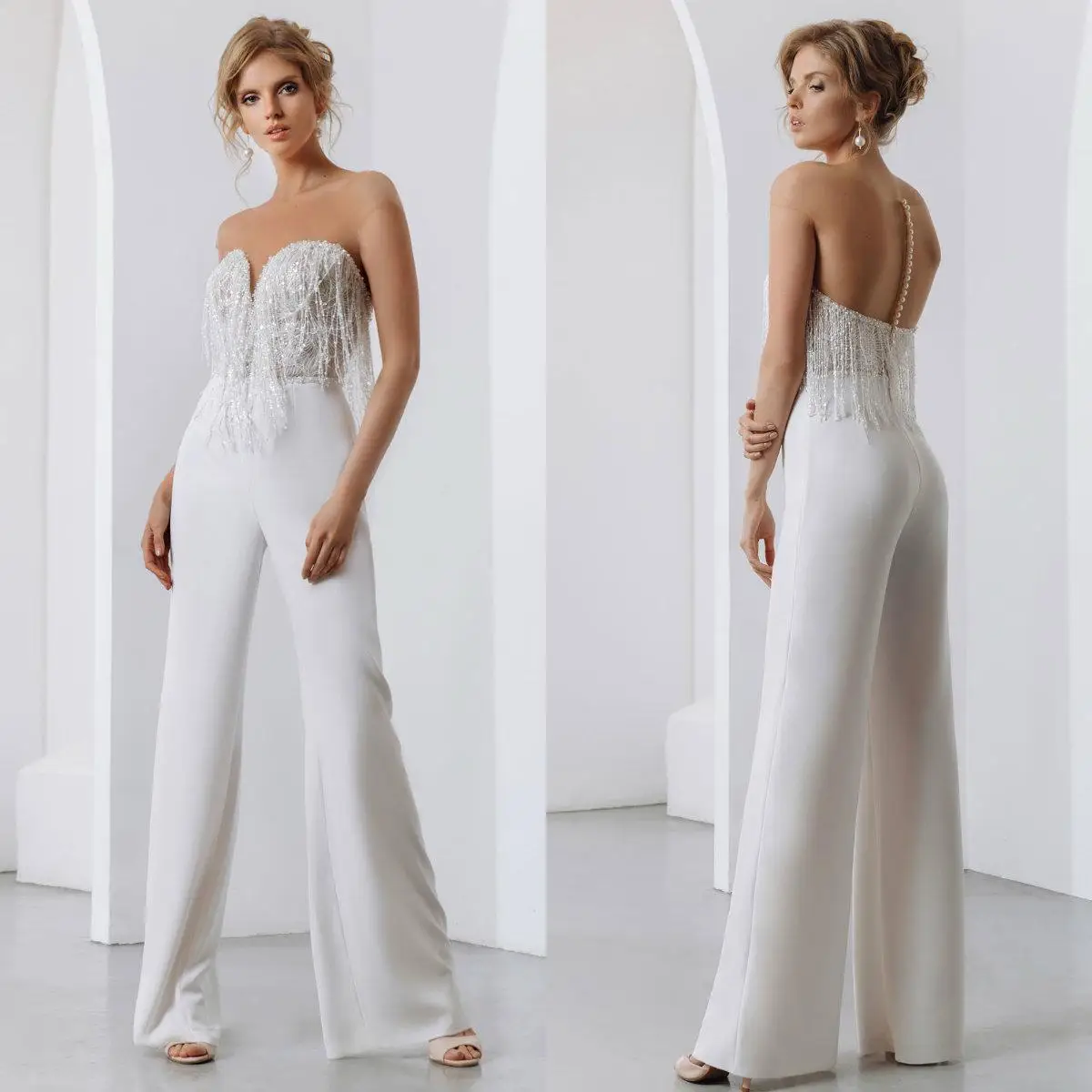 Quaste Perlen Overalls Brautkleider Brautkleider Spitze Appliqued Illusion Nach Maß Plus Größe vestido de novia