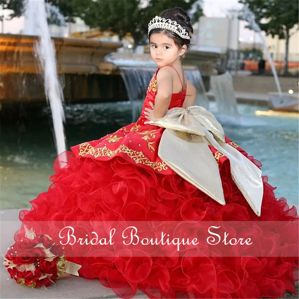 Vestido de princesa bordado rojo con lazo para niños, vestido de desfile de belleza, vestido de fiesta de cumpleaños para niña de flores hinchadas, vestidos de baile con cordones