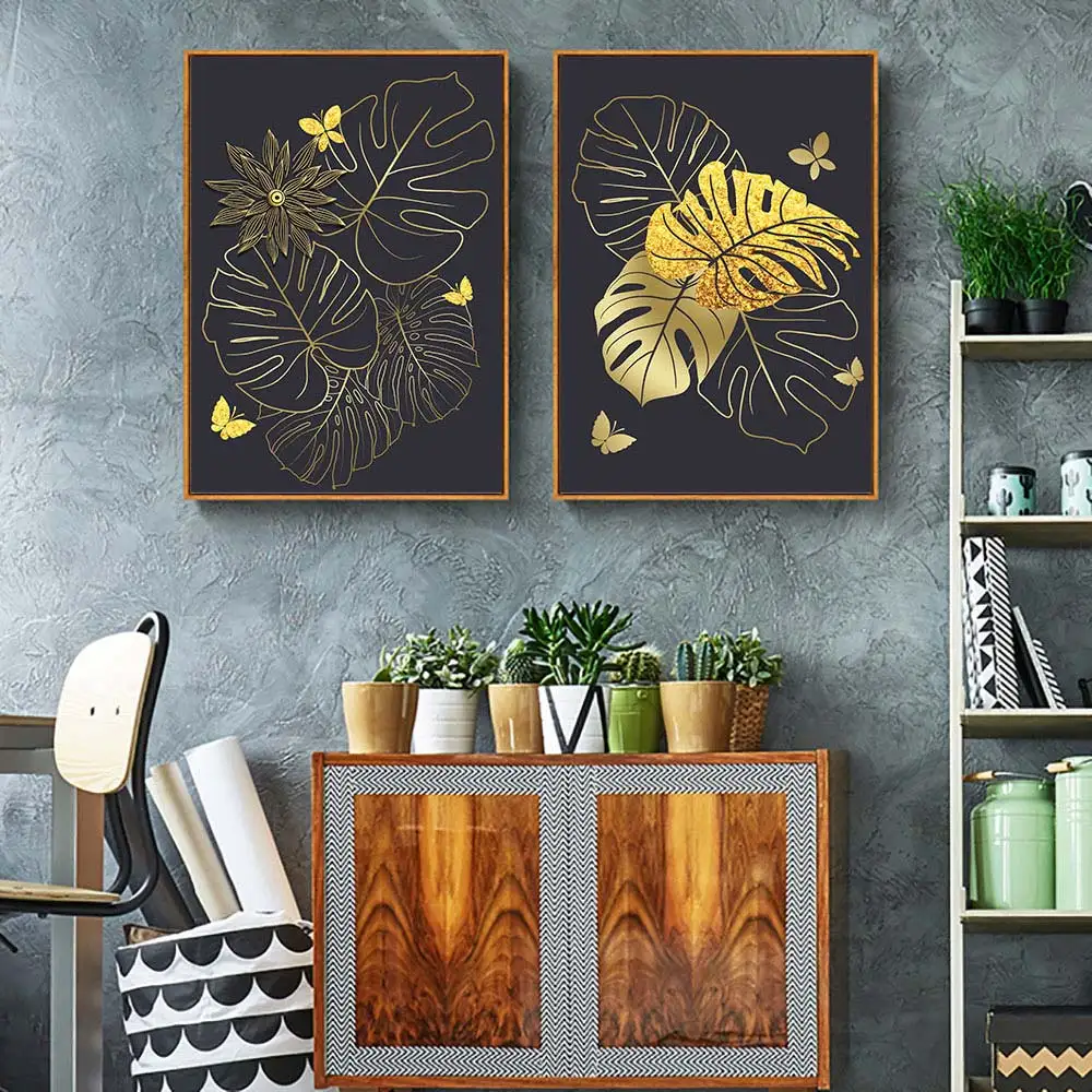 Nordic Gold Lotus Canvas Painting Leaves Butterfly Canvas Painting Art Prints Modern Abstract Printings for Living Room framed