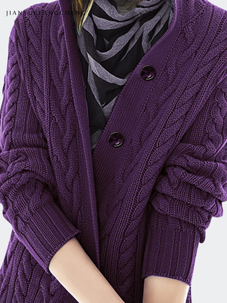 Fashion Women Hooded Purple Wool Sweater Outerwear Knitted Cardigan 2021 Autumn New Knit Tops Twisted Loose Casual Sweaters