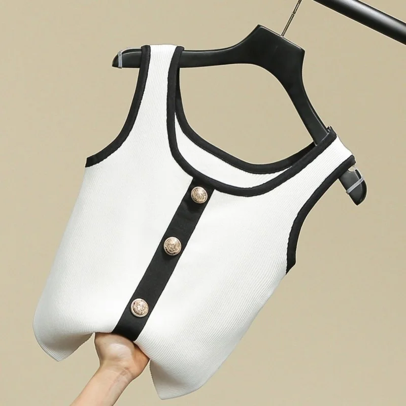 Summer 2022 New Sleeveless Vest Womens Concise Spliced Pullover Slim High Street Korean Style Fashion Casual Elegant T-Shirts