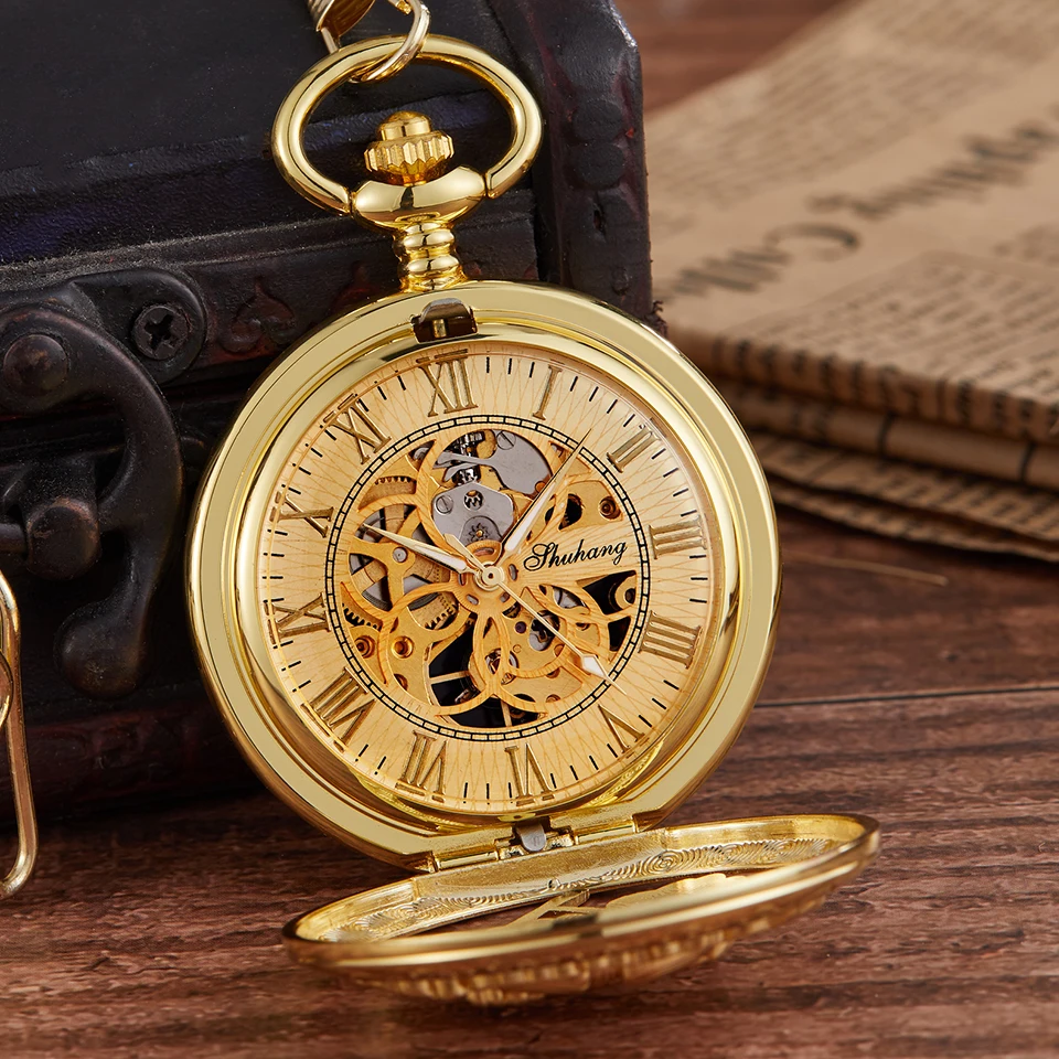 Hollow Flower Engrave Mechanical Pocket Watch Elegant Flip Case Fob Chain Clock Hand-Winding Vintage Watches for Men Women Gifts