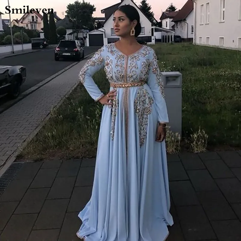 Smileven-caftán marroquí azul, vestidos de noche con cuello en V, cristal, Argelia, árabe, musulmán, vestidos para ocasiones especiales, vestidos de