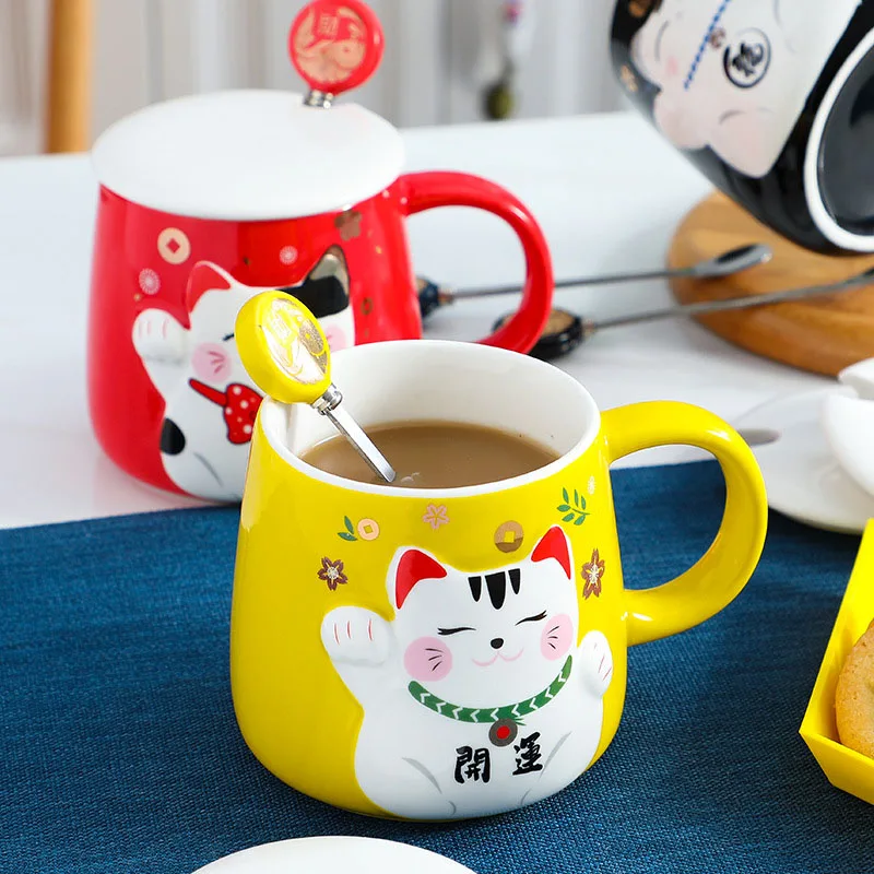 350ml Creative Cartoon Cat Ceramic Coffee Mug With Lid Spoon Coffee Milk Tea Cup Breakfast Cup Drinkware Mug Home Novelty Gifts