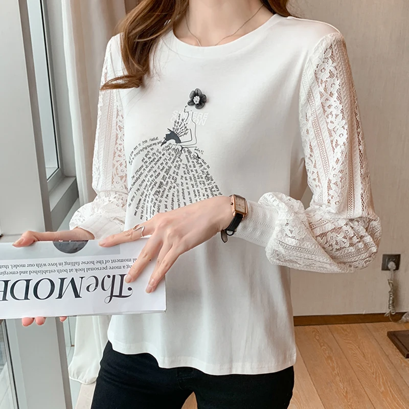 Fashion elegant Women\'s lace Tshirt Casual Tops printing T Shirt Basic bottoming shirts Ladies o-neck Long Sleeve Tee Shirt