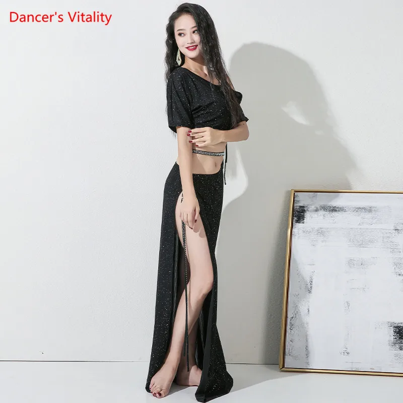 Belly Dance Set Sequins Top Long Sleeve Split Skirt Practice Clothes Suit Female adult High Waist Performance Clothing