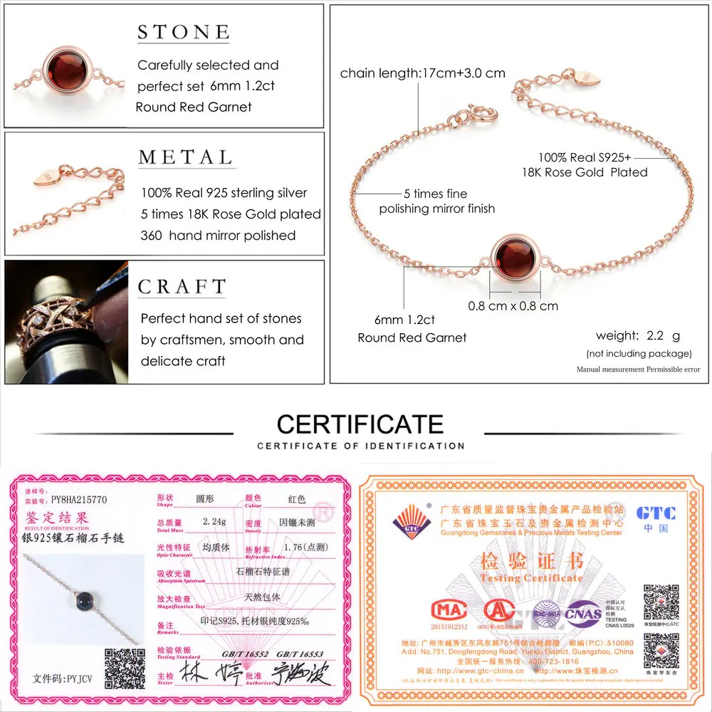 LAMOON Classic Simple 6mm 1.1ct 100% Natural Red Garnet 925 Sterling Silver Jewelry S925 Charm Bracelet LMHI021