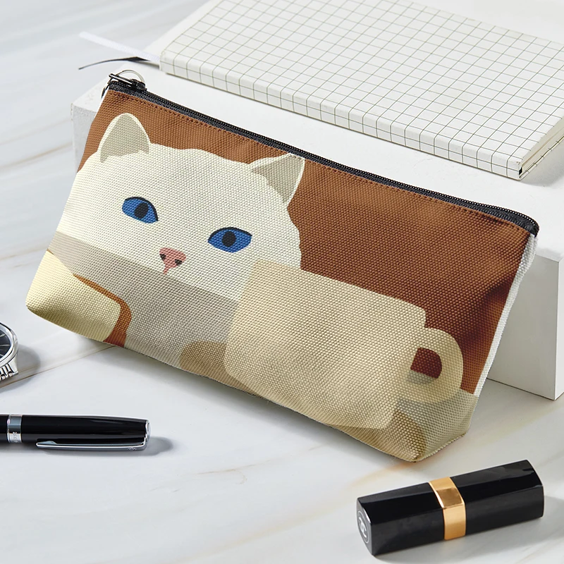 Bolsa de maquillaje de estilo japonés, bolsa de cosméticos de lona con estampado de gato lindo, bolsa de cosméticos portátil de gran capacidad para