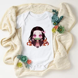 Demon Slayer Kawaii recién nacido bebé niña niño ropa Anime Harajuku lindo bebé mamelucos blanco suave ropa infantil Ropa Bebe Niña