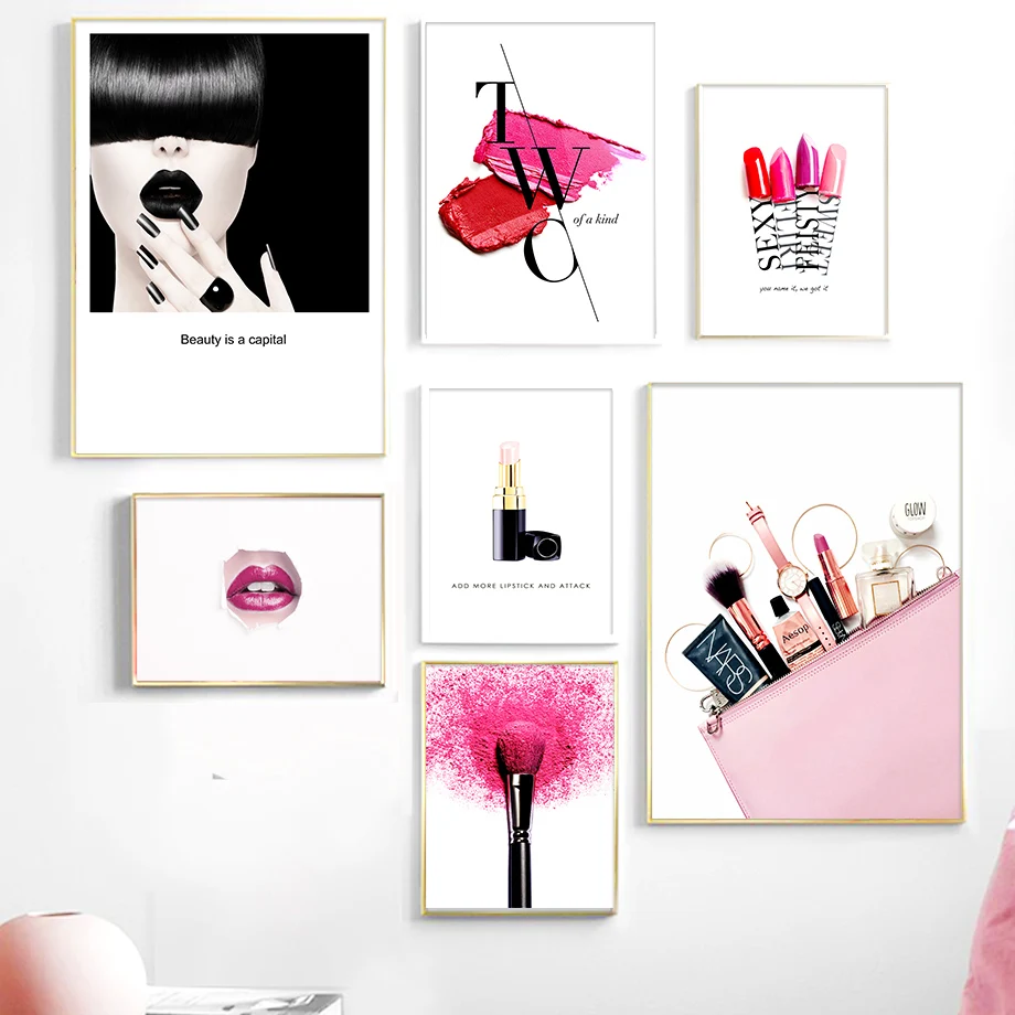 Fashion Girl Bag Lipstick Blush Brush Wall Art Canvas Painting Nordic Posters And Prints Wall Pictures For Living Room Decor