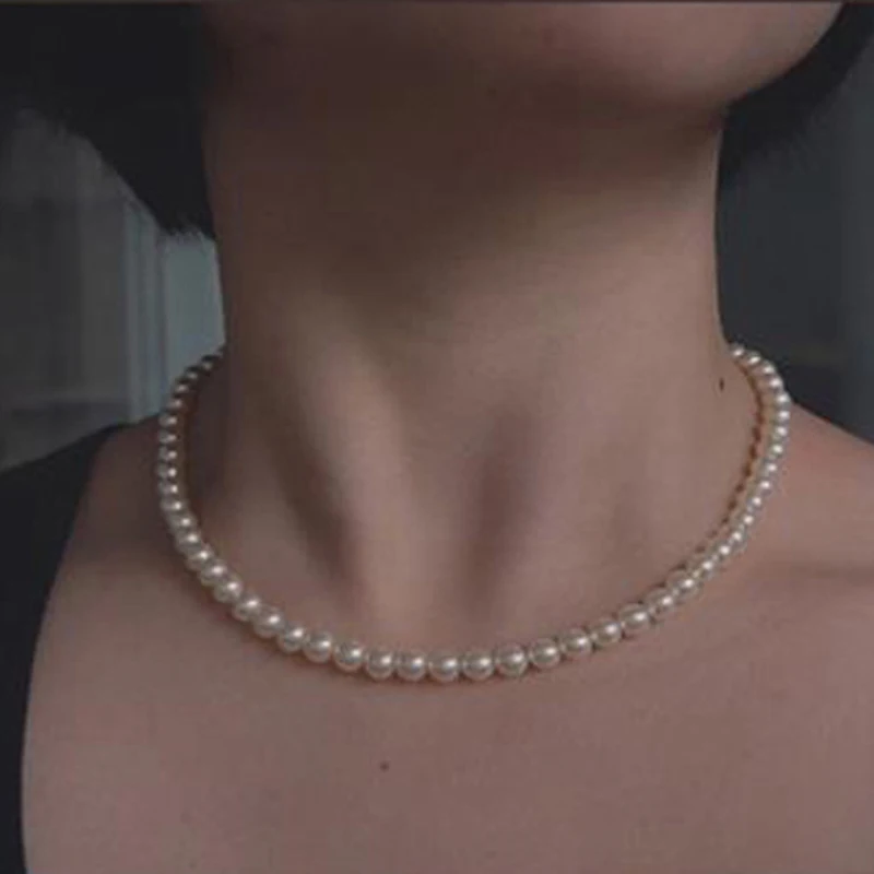 Styl Vintage prosty 6MM łańcuszek z pereł Choker naszyjnik dla kobiet ślub miłość wisiorek z muszli naszyjnik modna biżuteria hurtowo