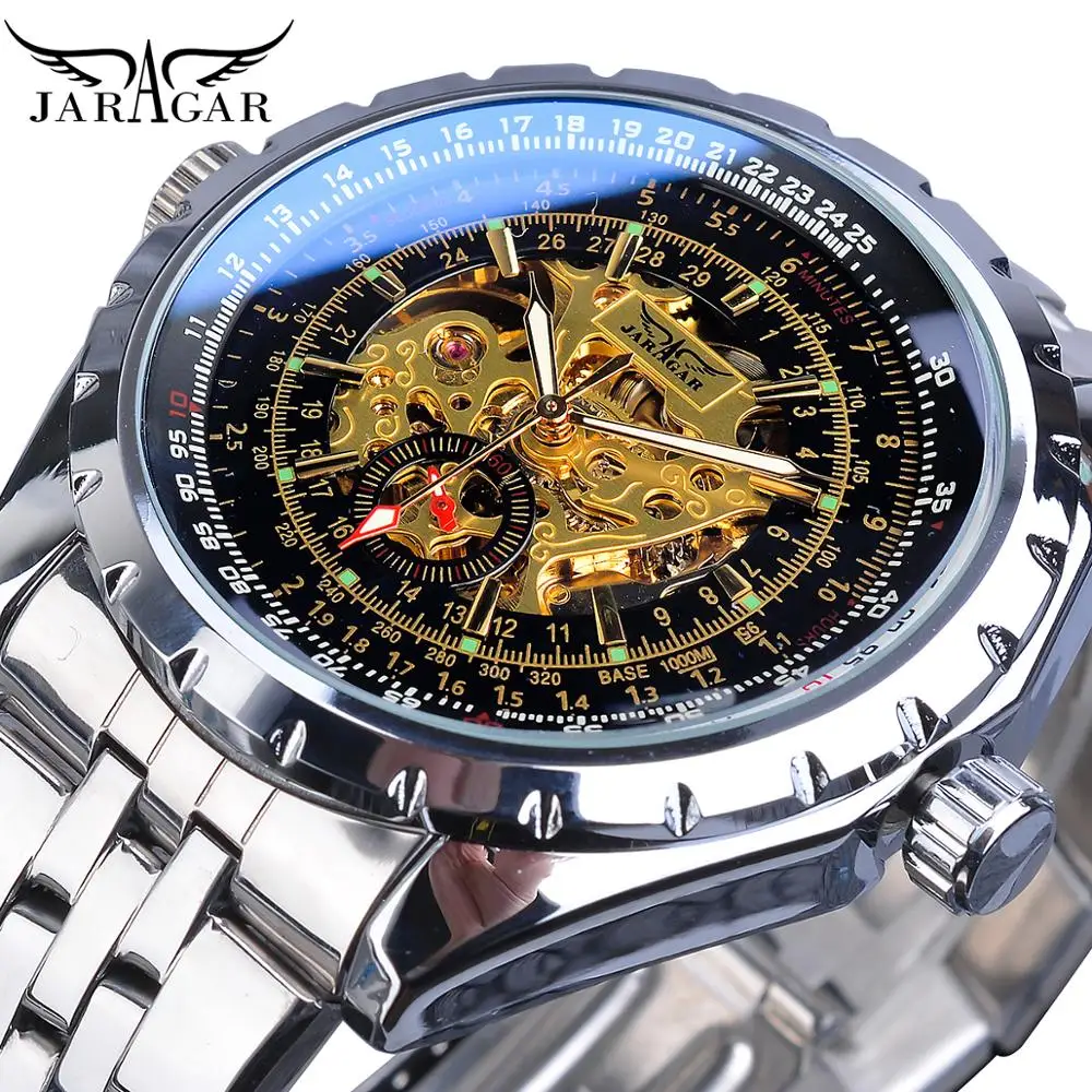 Jaragar Fashion Mechanical Mens Watch Luminous Hands Sport Man Wristwatches Top Brand Skeleton Dial Stainless Steel Polit Clock