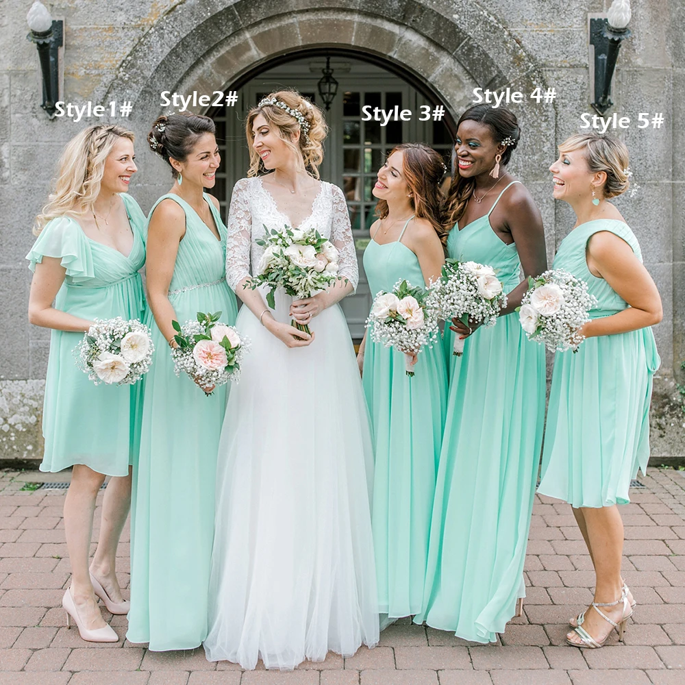 

Mint Green Multiple Bridesmaid Dress Simple Chiffon Custom Made Plus Size Zipper Tea Length Wedding Guest Evening Cocktail Gown