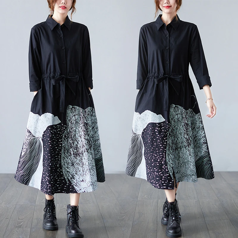 Japanese Style Yamamoto Dark Black Street Fashion Blouse Spring Dress Print Long Sleeve Autumn Dress Women Casual Midi Dress