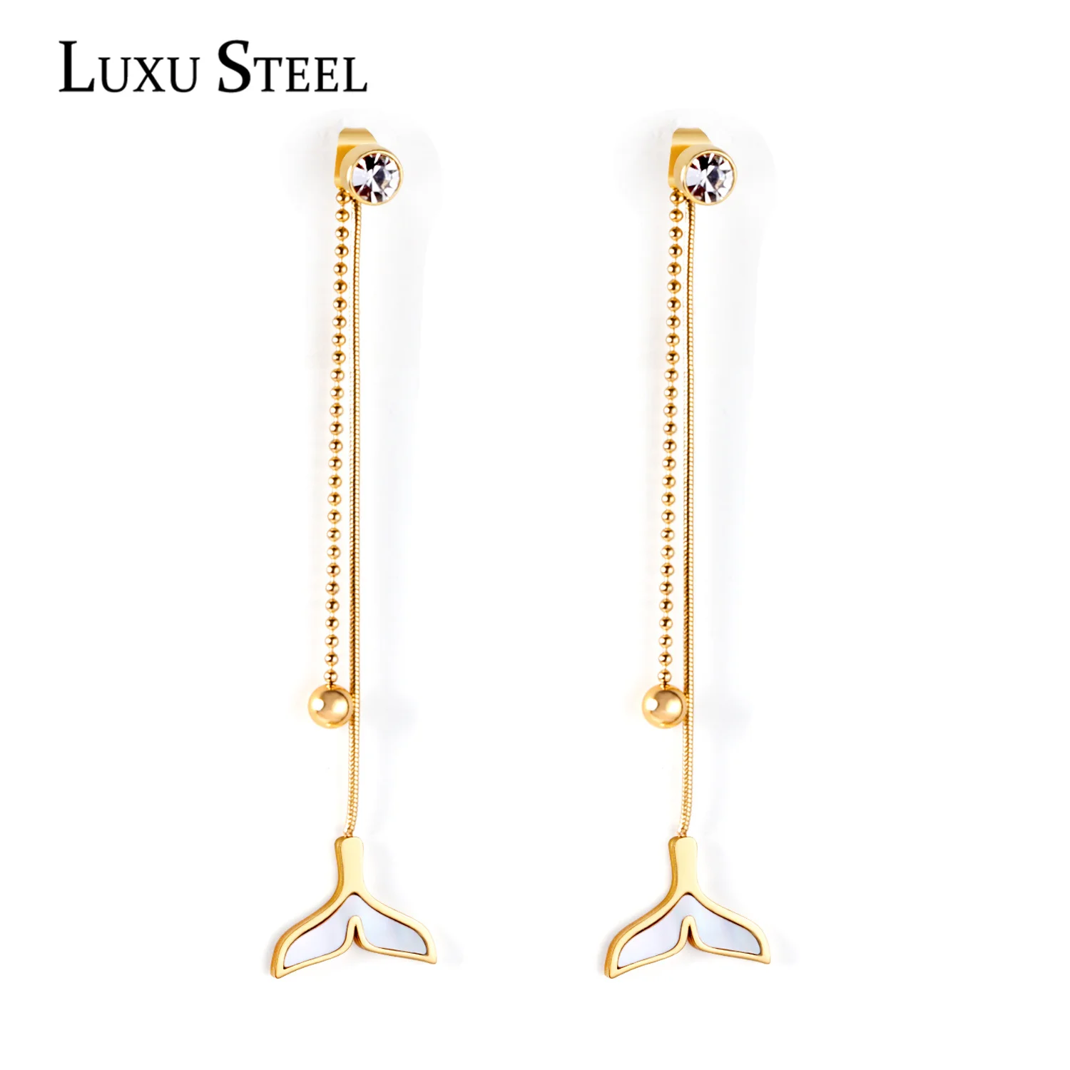 LUXUSTEEL Stainless Steel Fish tail Shell Long Drop Earrings Women Accessories Golden Color Chain Earrings Wholesale Accessories