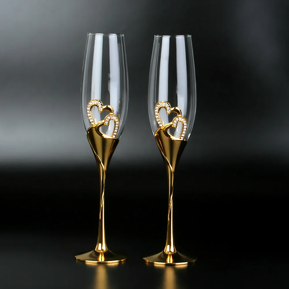 1 pair golden color heart shape base crystal glass/ champagne glass of red wine/ lovers creative wedding transparent goblet