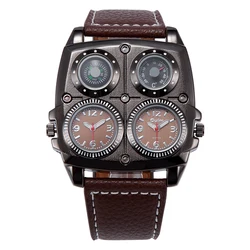 Oulm-reloj de cuarzo deportivo para hombre, cronógrafo de pulsera de cuero, informal, diseño único, 3 zonas horarias, Retro, nuevo