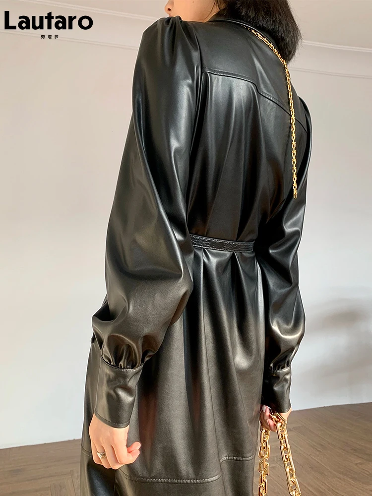 Lautaro Spring long leather shirt dress women with long puff sleeve belt pockets buttons Faux leather dresses for women 2021 7xl