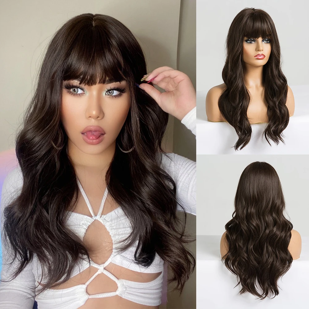 GEMMA Long Water Wavy Synthetic Wigs with Bangs Ombre Dark Brown Cosplay Hair Wig for Women African Heat Resistant Fiber Wig