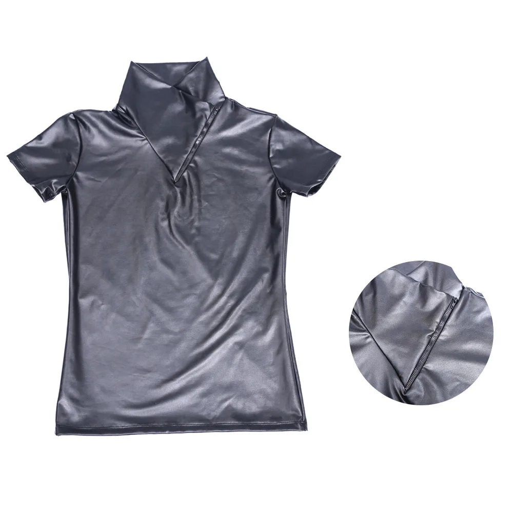 Oil Glossy Elastic Faux PU Leather Short Sleeve Tshirt Motorcycle Body Shaper Tee Shirt Homme Gothic T Shirt Men Streetwear Tops