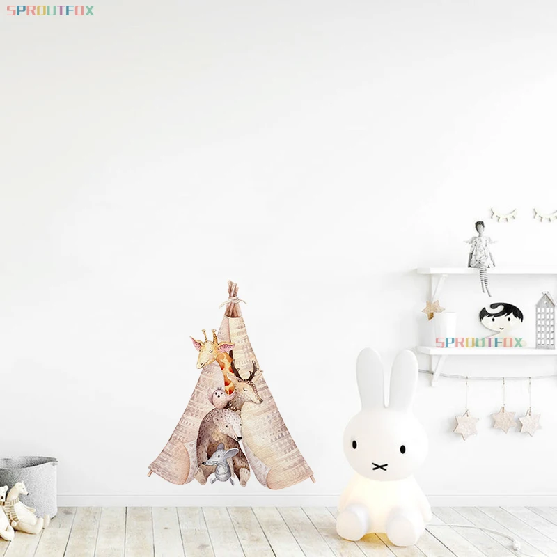 Cute Animal in the Tent Wall Stickers Giraffe Bird Deer Bear Mouse Hide Animals Kids Decal for Baby Room Nursery Home Decoration