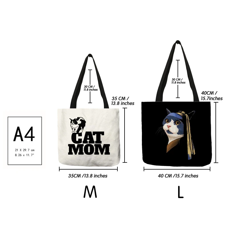 Women Shoulder Bag Black Cat Print Tote Handbags Animal Art Painting Graphic Shopping Bag for Boutique Supermarket Beach Totes