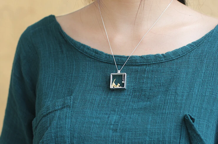 925 Sterling Silver Square  cat Necklaces & Pendants For Women High Quality Sterling-silver-jewelry