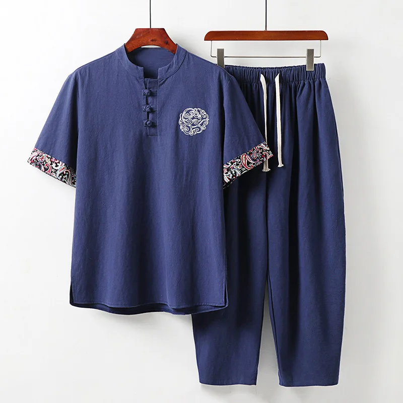 Large Size Men's Clothing Vintage Tracksuit Husband 2021 Summer Blue Home Suit Linen T Shirt Fashion Male Set Chinese 8XL 9XL