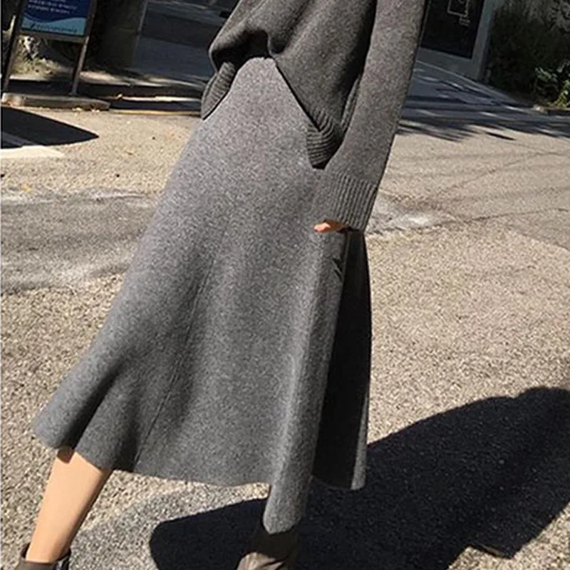 2024 New Soft Elasticity Long Skirt Polyester Knit A Word Skirt Female Section High Waist solid Color Loose Umbrella Skirt