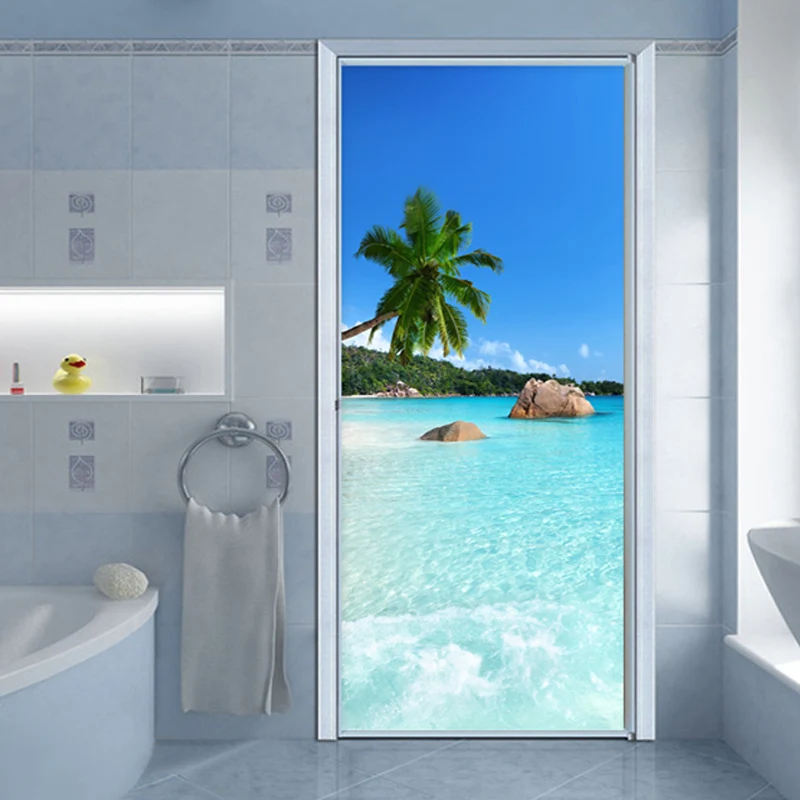 Self-Adhesive Waterproof Door Sticker 3D Sea Landscape Mural Wallpaper Living Room Bathroom Vinyl Door Poster Modern Wall Decals