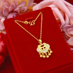 Classic Long Life Lock 18K Real Yellow Gold Necklace Pendant for Child Healthy Growth Fine Jewelry with Box Gifts