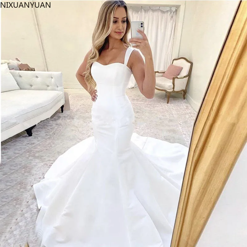 

Vestido De Noiva Sereia Spaghetti Straps White Satin Wedding Dresses Mermaid Bridal Gowns Robe De Mariee