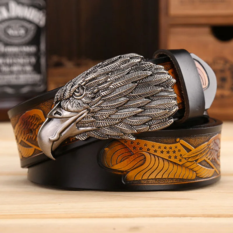 Western denim men's belt leather casual eagle head really leather pants belt gift personality eagle belt